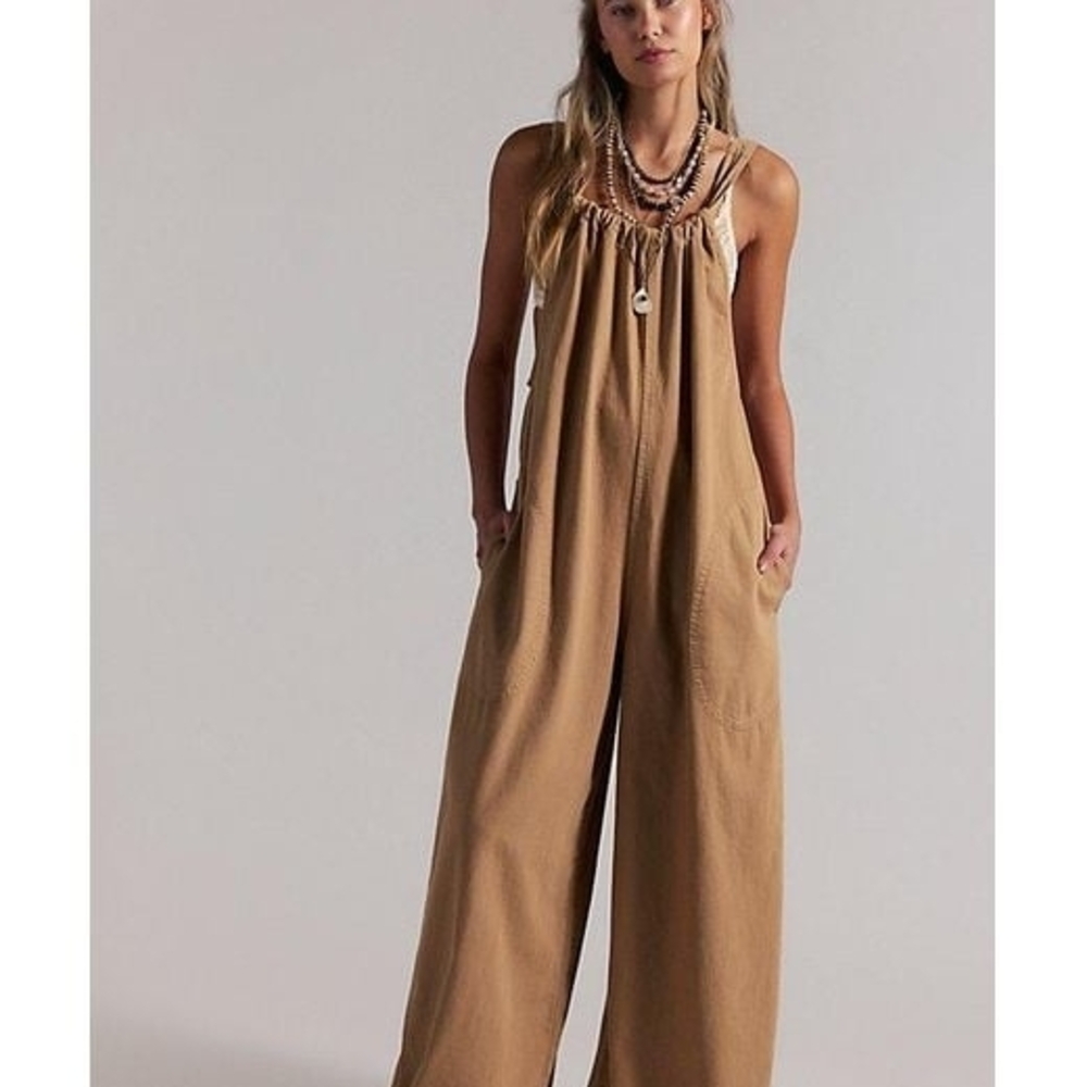 Free People Camel Wide-Leg Jumpsuit